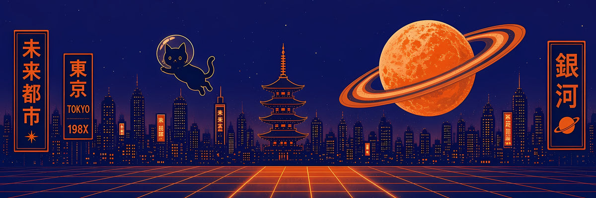 Yokai Yard banner: space cat in bubble helmet, ringed orange moon over neon Tokyo skyline